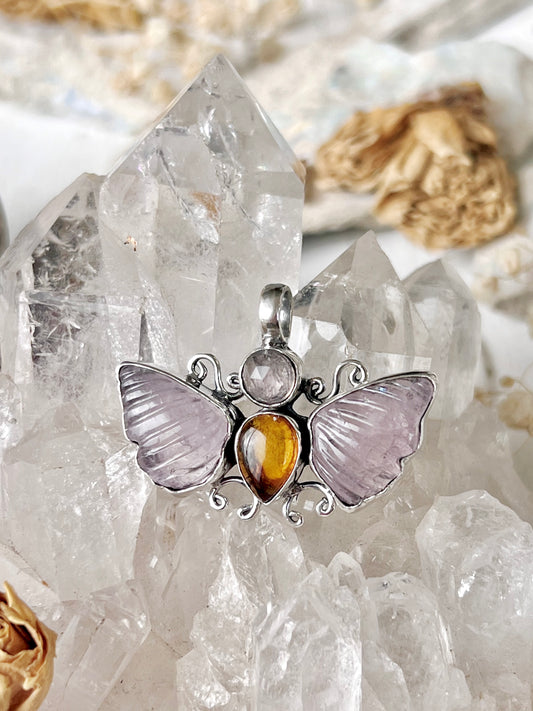 ‘Aurora of the Heart’ Morganite, Amber & Rose Quartz Butterfly Talisman Pendent BM1