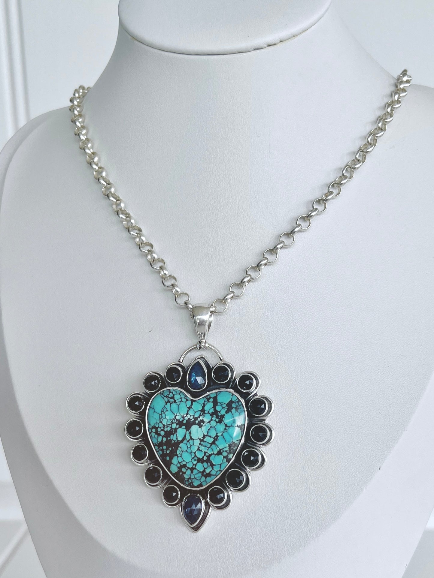 ‘Dakota’ Turquoise, Ocean Kyanite & Black Spinel Heart Pendent 925 T3
