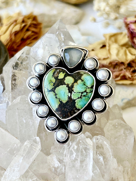 ‘Tala’ Turquoise, Moonstone & Pearls Heart Pendent 925 T2