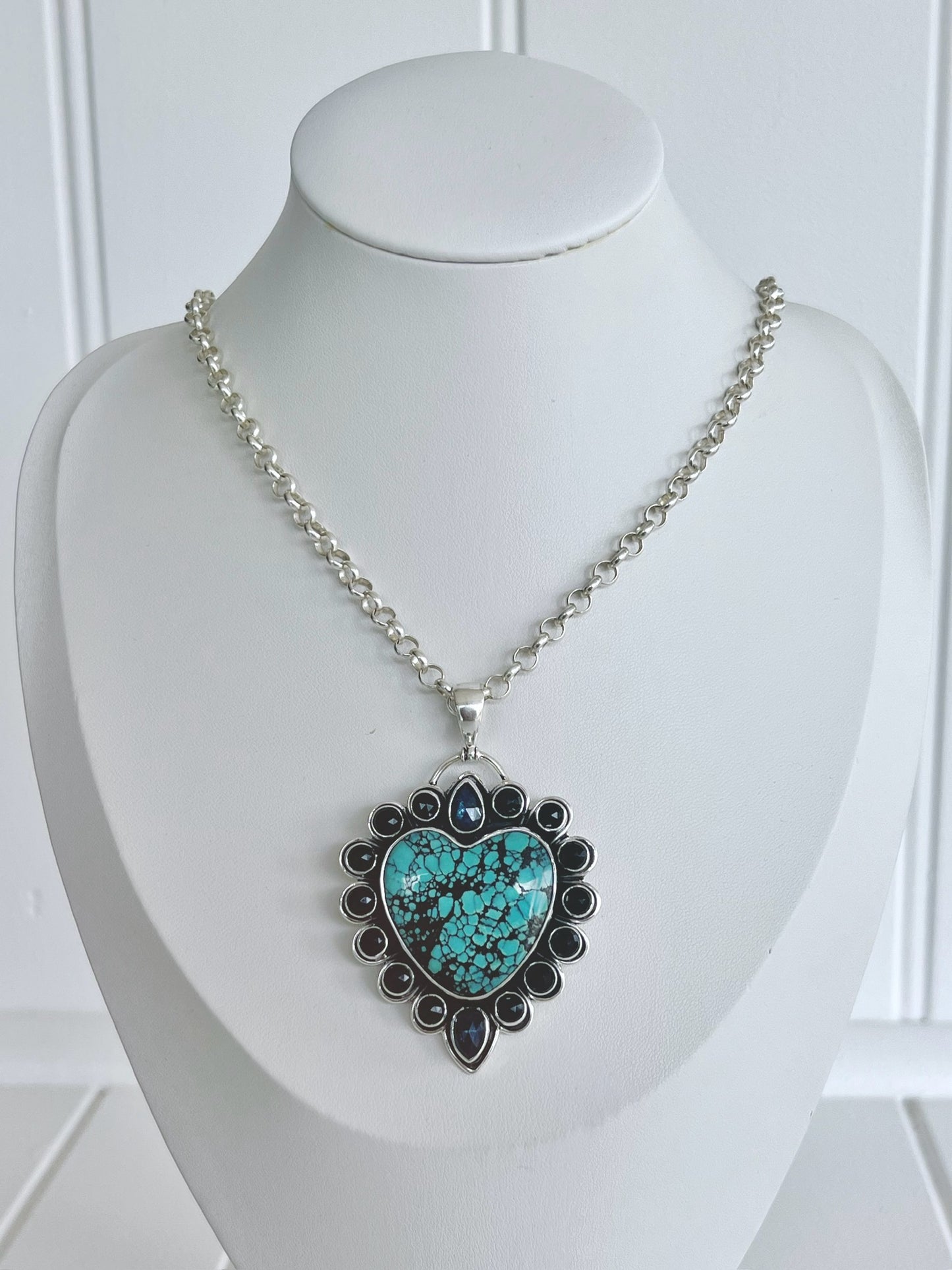 ‘Dakota’ Turquoise, Ocean Kyanite & Black Spinel Heart Pendent 925 T3