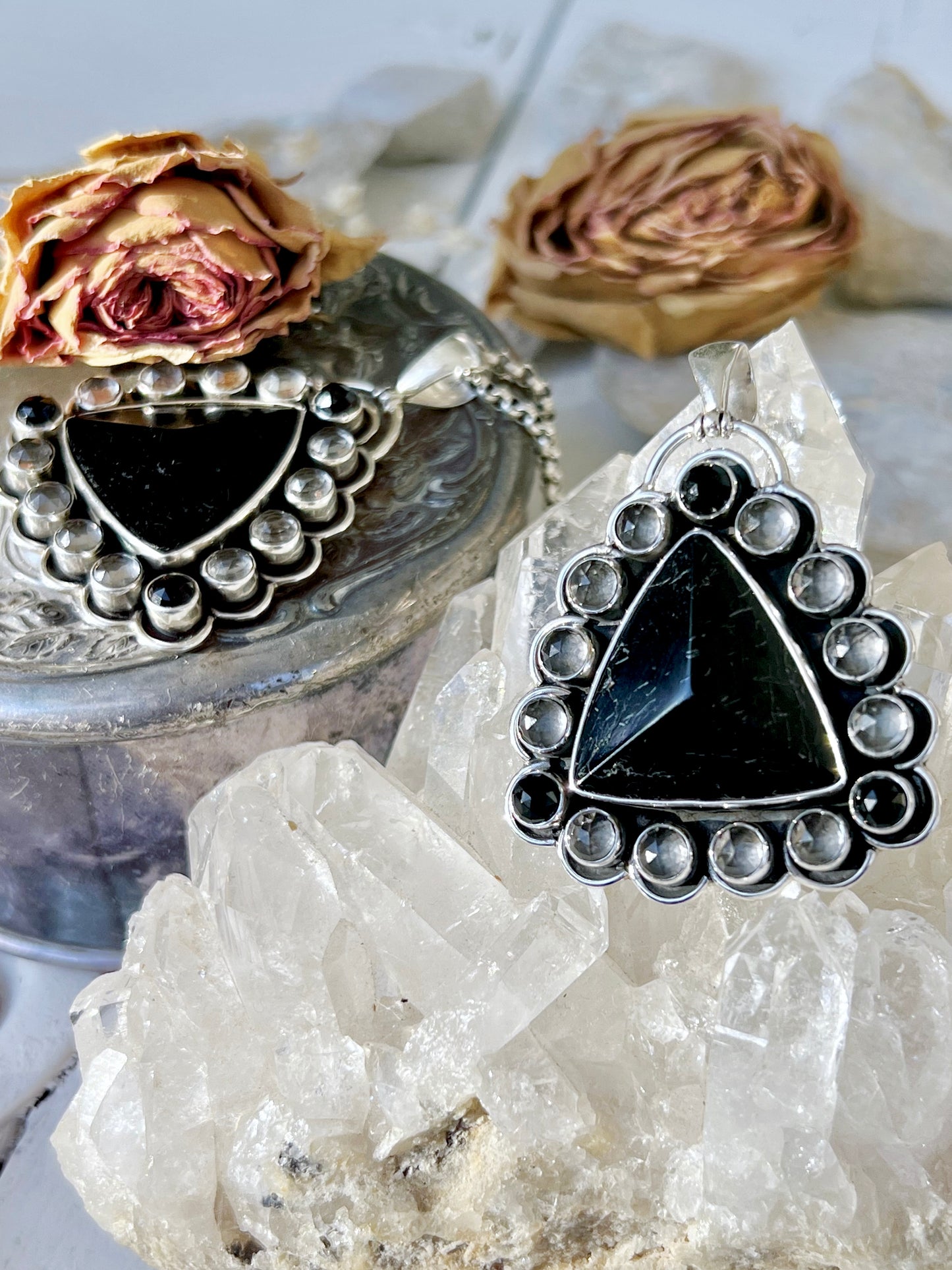 ‘Hlin’ Black Tourmaline, Black Spinel & Clear Quartz Protection Amulet Pendent 925