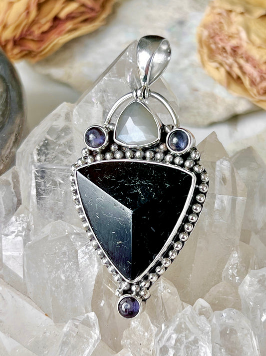 ‘Hecate’s Moonlit Sheild’ Black Tourmaline, Moonstone & Iolite Triangular Talisman Pendent 925
