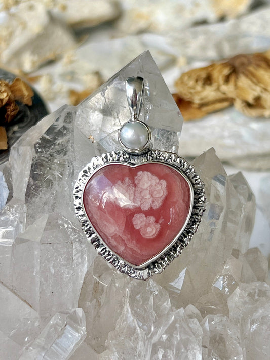 ‘Petals of Devotion’ Rhodochrosite Heart & Pearl Talisman Pendent 925