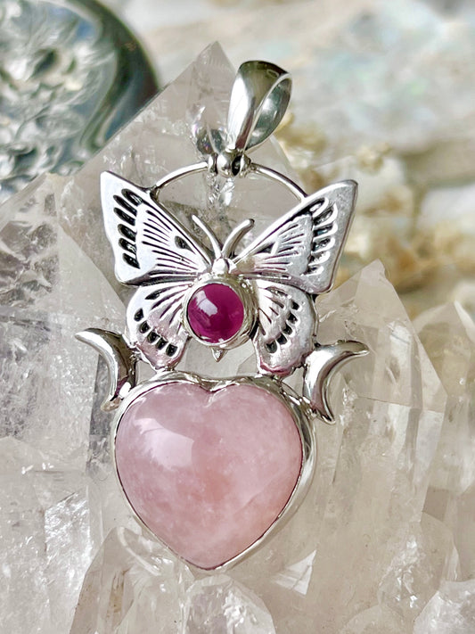 ‘Wings of Devotion’ Rhodolite Garnet Butterfly & Morganite Heart SS Pendent