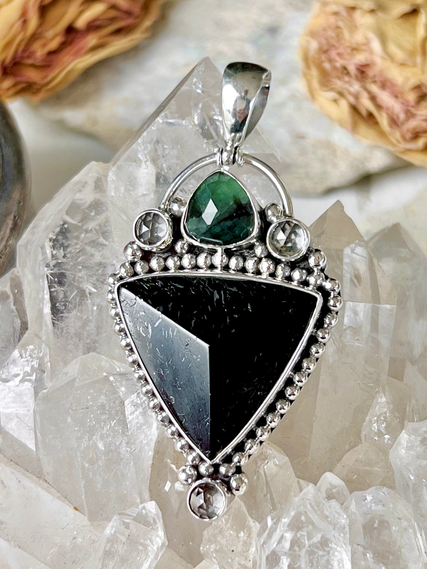 ‘Emerald Veil of Venus’ Black Tourmaline, Emerald & Clear Quartz Triangular Talisman Pendent 925