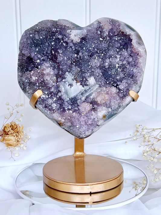 ‘Whispers Of The Cosmos’ Galaxy Amethyst Cluster Heart with Stalactite & Moss Agate on Stand AME2