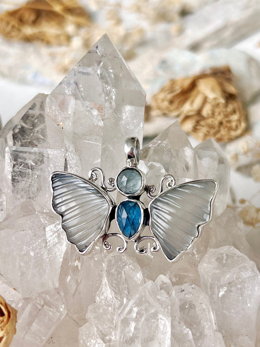 ‘Luna’s Whisper’ Moonstone, Ocean Kyanite & Aquamarine Butterfly Talisman Pendent BM2