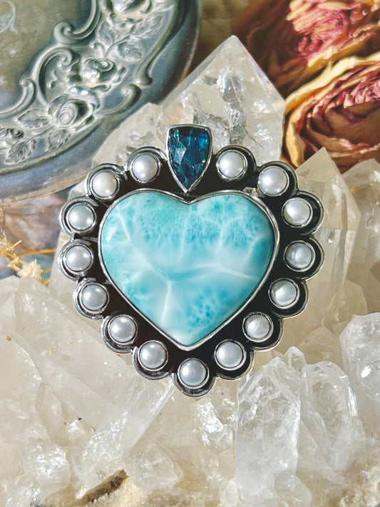 ‘Nerida’ Heart Of The Ocean Larimar, Ocean Kyanite & Pearl Heart Pendent