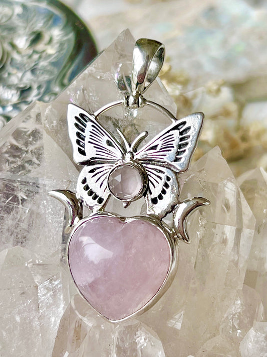 ‘The Eternal Embrace’ Rose Quartz Butterfly & Morganite Heart SS Pendent