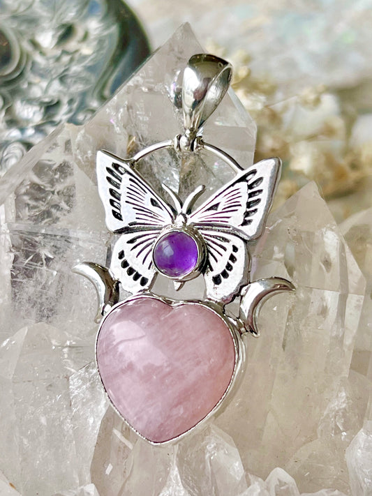 ‘The Enchanted Flight’ Amethyst Butterfly & Morganite Heart Talisman Pendent 925