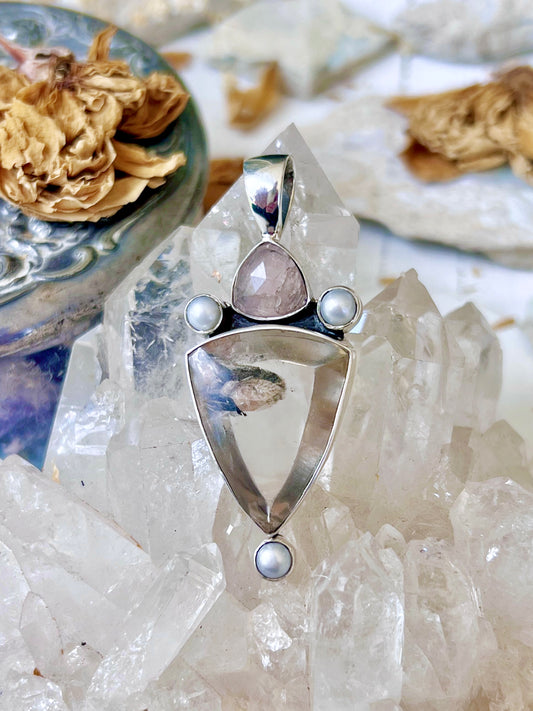 ‘Aphrodite’s Flight’ Morganite, Pearls & Manifestation Quartz Talisman Pendent 925