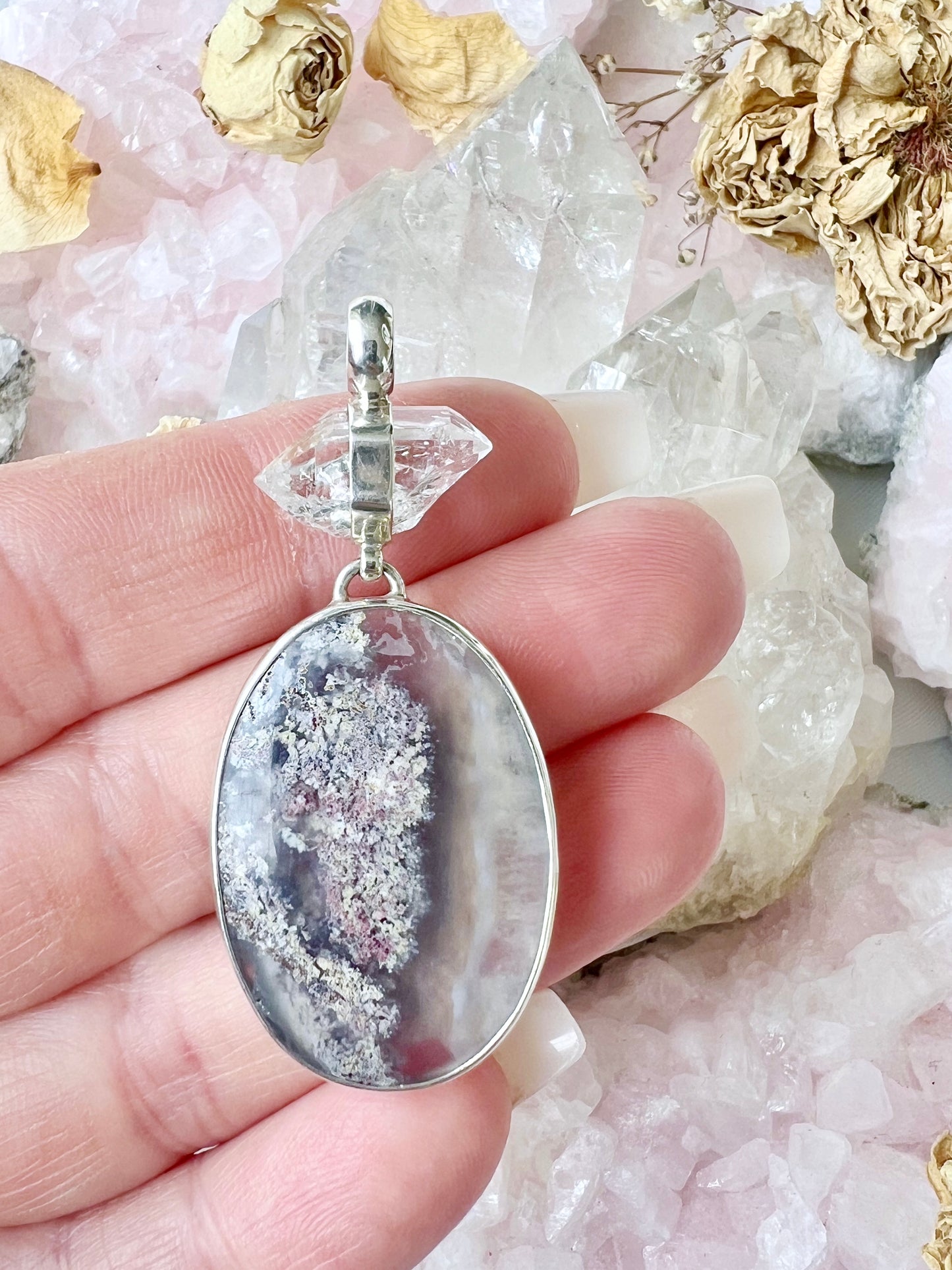 Moss Agate & Diamond Quartz Sterling Silver Pendent MAP3