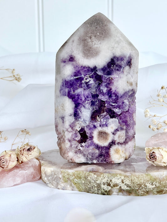 Brazilian Pink Amethyst Tower with Purple Druzy 4466