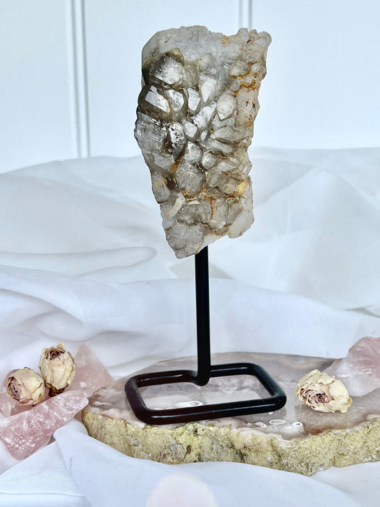 Medium Brazilian Smokey Elestial Quartz Cluster on Stand