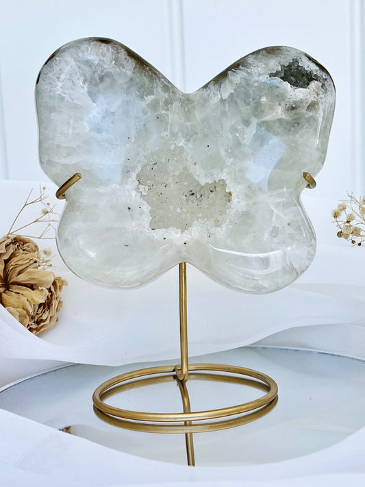 Brazilian Druzy Agate & Quartz Polished Butterfly on Stand 4457