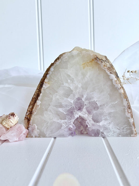 Flower Agate & Amethyst Standing Freeform Half Portal with Cluster Geode 1430