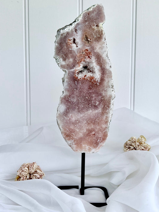 Brazilian Pink Amethyst Druzy Slab on Stand