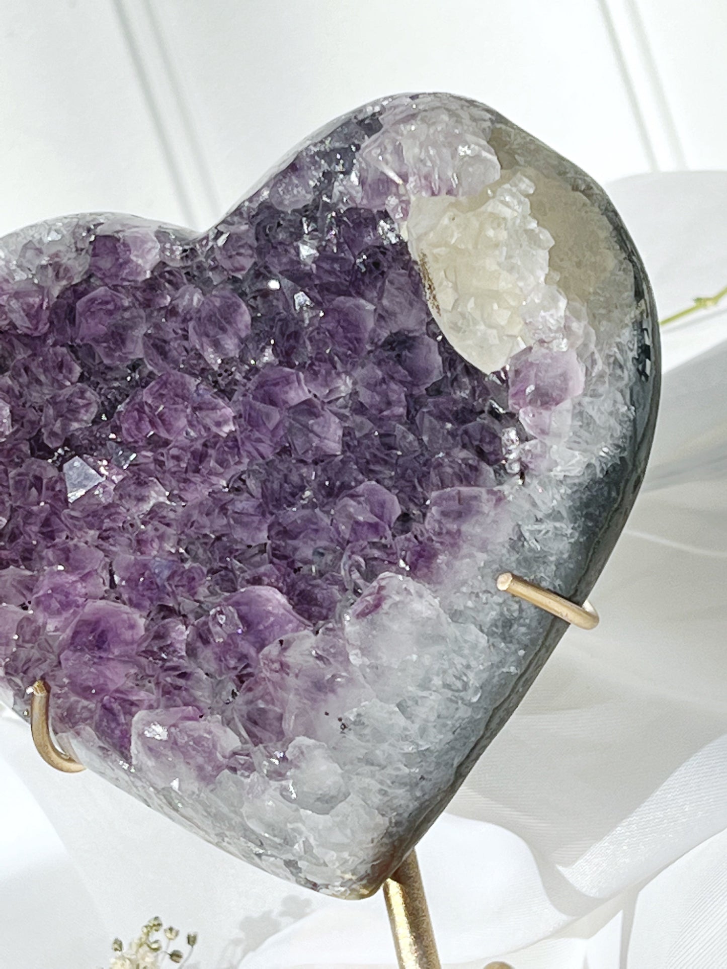 Uruguayan Purple Amethyst Cluster & Calcite Heart on Stand 4057