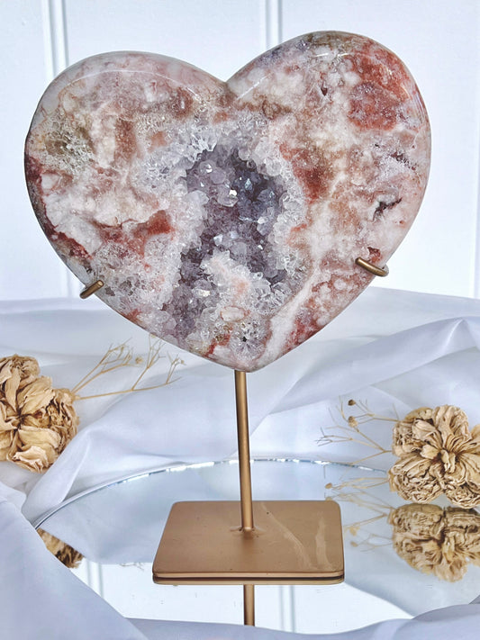 ‘Bellarose’ Strawberry Pink & Lilac Amethyst Druzy Heart On Stand 4873