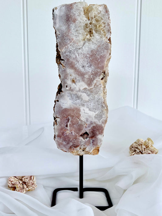 Brazilian Pink Amethyst Druzy Slab on Stand