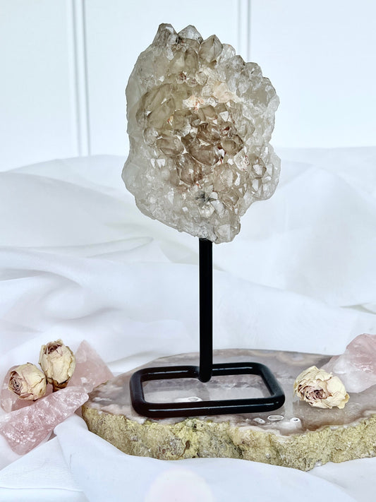 Medium Brazilian Smokey Elestial Quartz Cluster on Stand