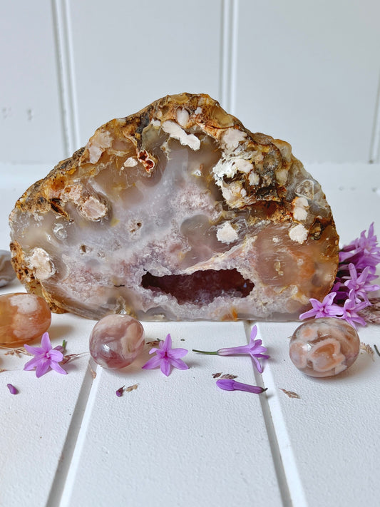 Flower Agate & Amethyst Standing Geode Freeform with Druzy