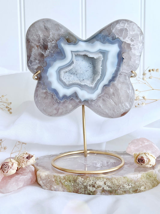 Brazilian Druzy Agate Polished Butterfly on Stand 4458