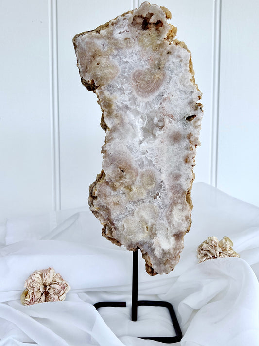 Brazilian Pink Amethyst Druzy Slab on Stand