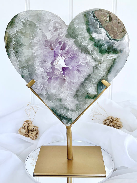 Polished Green & Purple Amethyst within Agate Portal Heart On Stand 4742