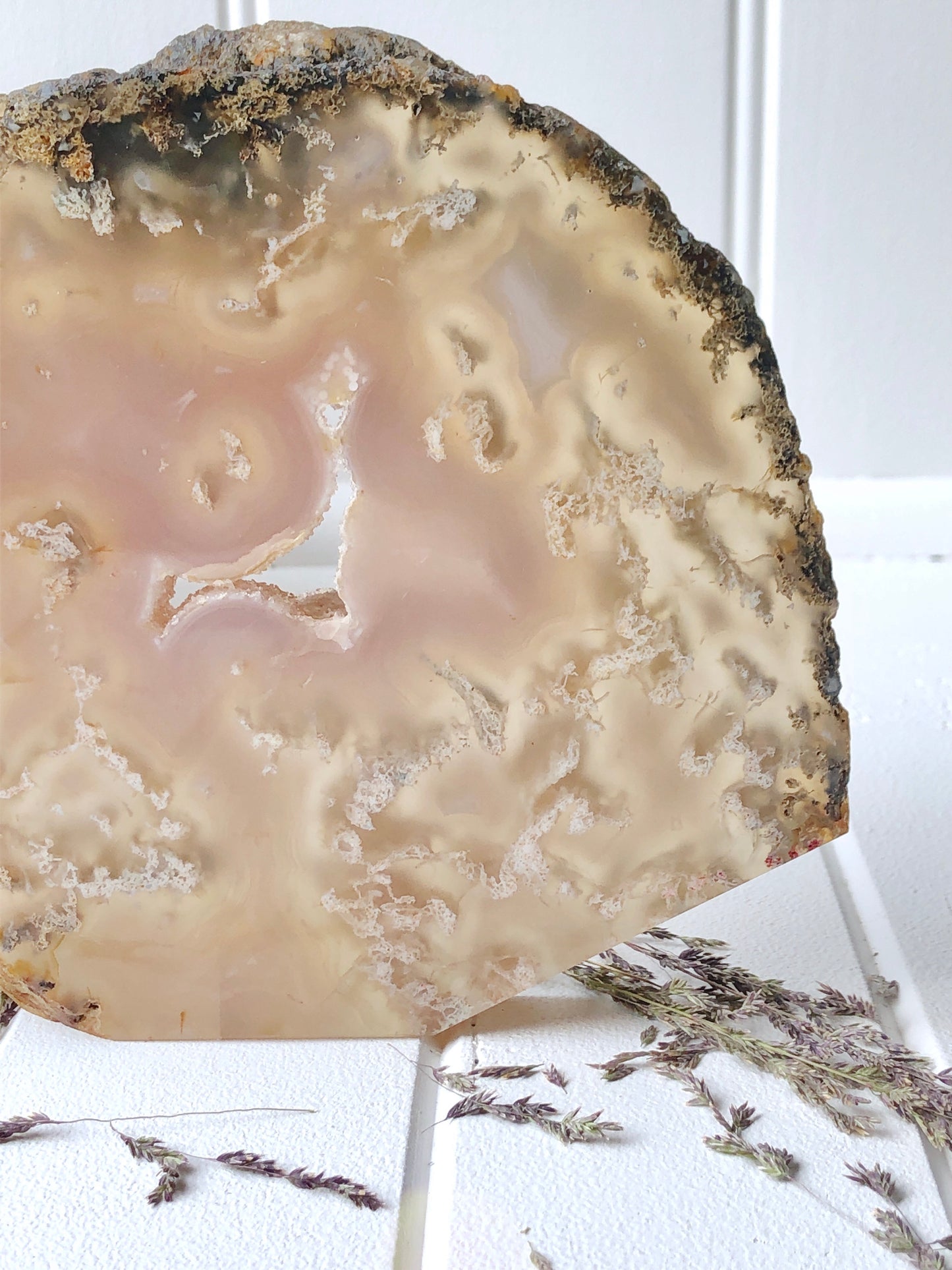 Moss Agate Standing Freeform Slab with Druzy