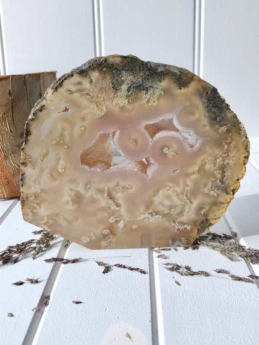 Moss Agate Standing Freeform Slab with Druzy