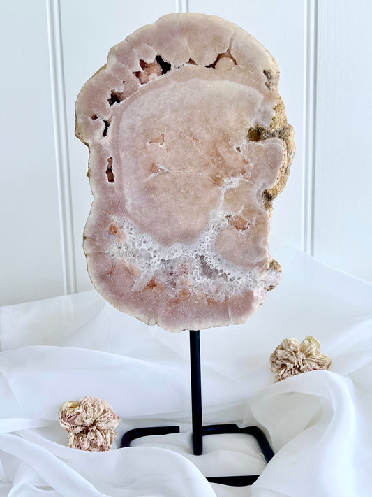 ‘Light of Aphrodite’ Brazilian Pink Amethyst Druzy Slab on Stand