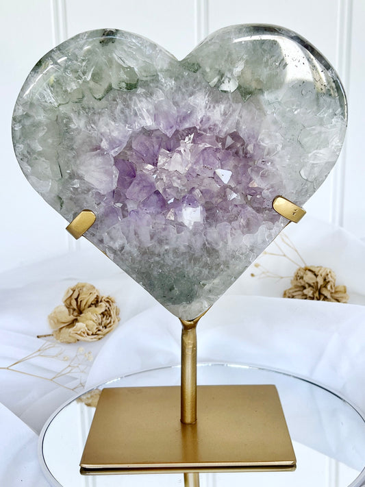 Polished Amethyst & Agate Heart On Stand 4743