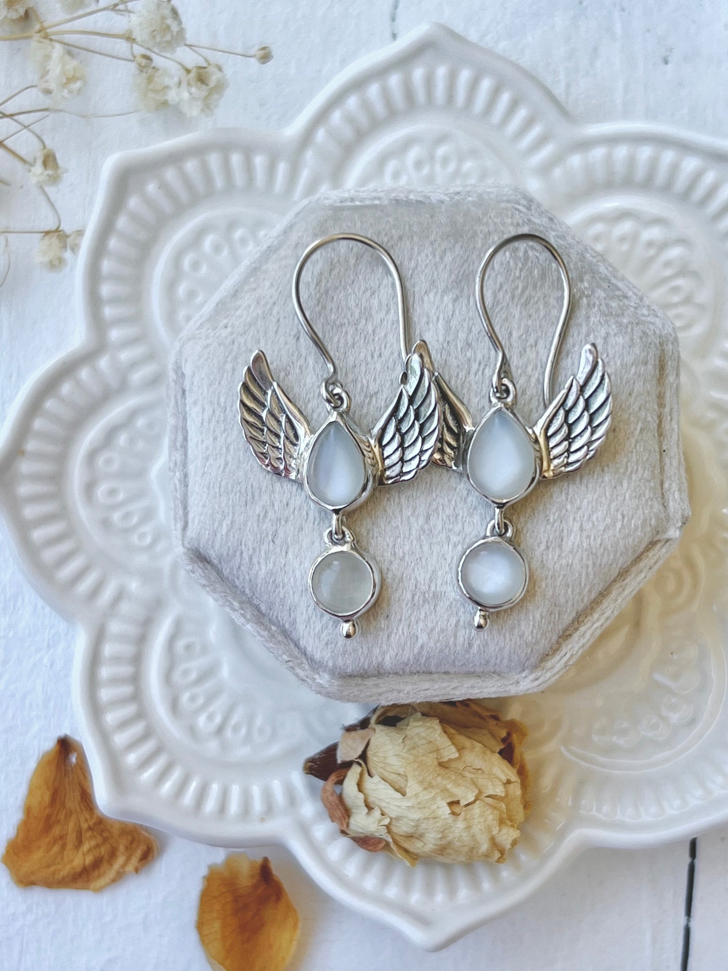 ‘Haniel’ Moonstone Angel Wings SS Earrings 925