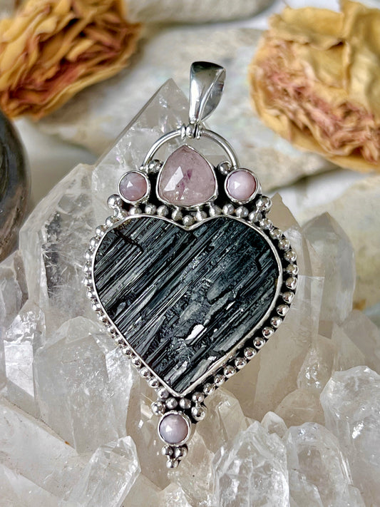 Black Tourmaline, Morganite & Pink Opal Heart Pendent 925