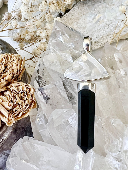 ‘Hilda’ Black Tourmaline & Manifestation Quartz Pendent with Rainbow