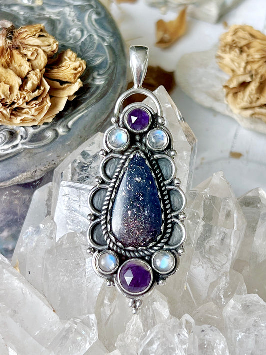 ‘Siren of the Cosmos’ Bloodshot Iolite & Sunstone with Amethyst & Moonstone Talisman Pendant 925