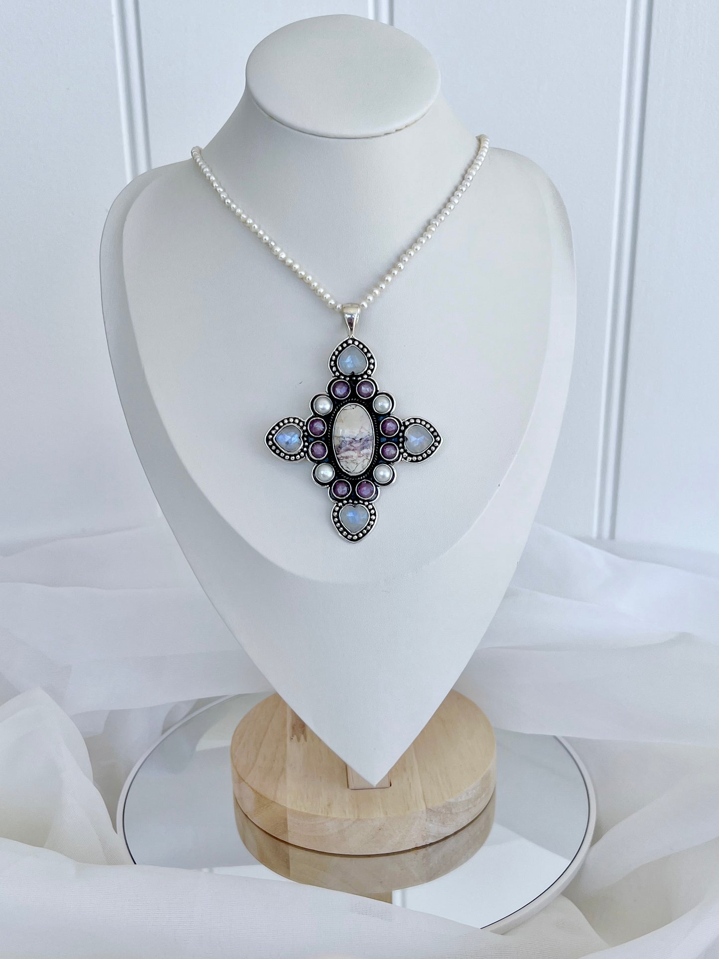 ‘The Elysian Cross: Whisper of Serenity’ Hyacinth Jasper, Moonstone, Ruby & Pearl Talisman Pendent HJP2 925