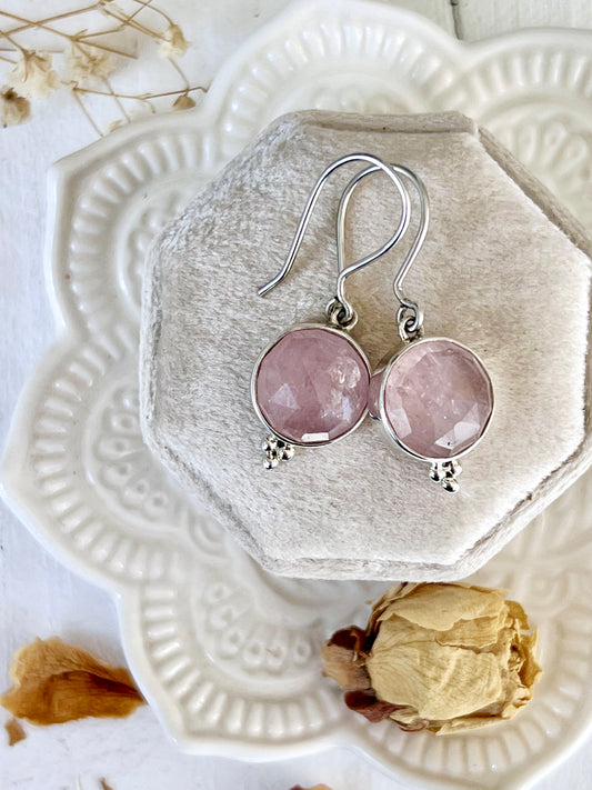 ‘Esme’ Faceted Pink Morganite Round Sterling Silver Earrings