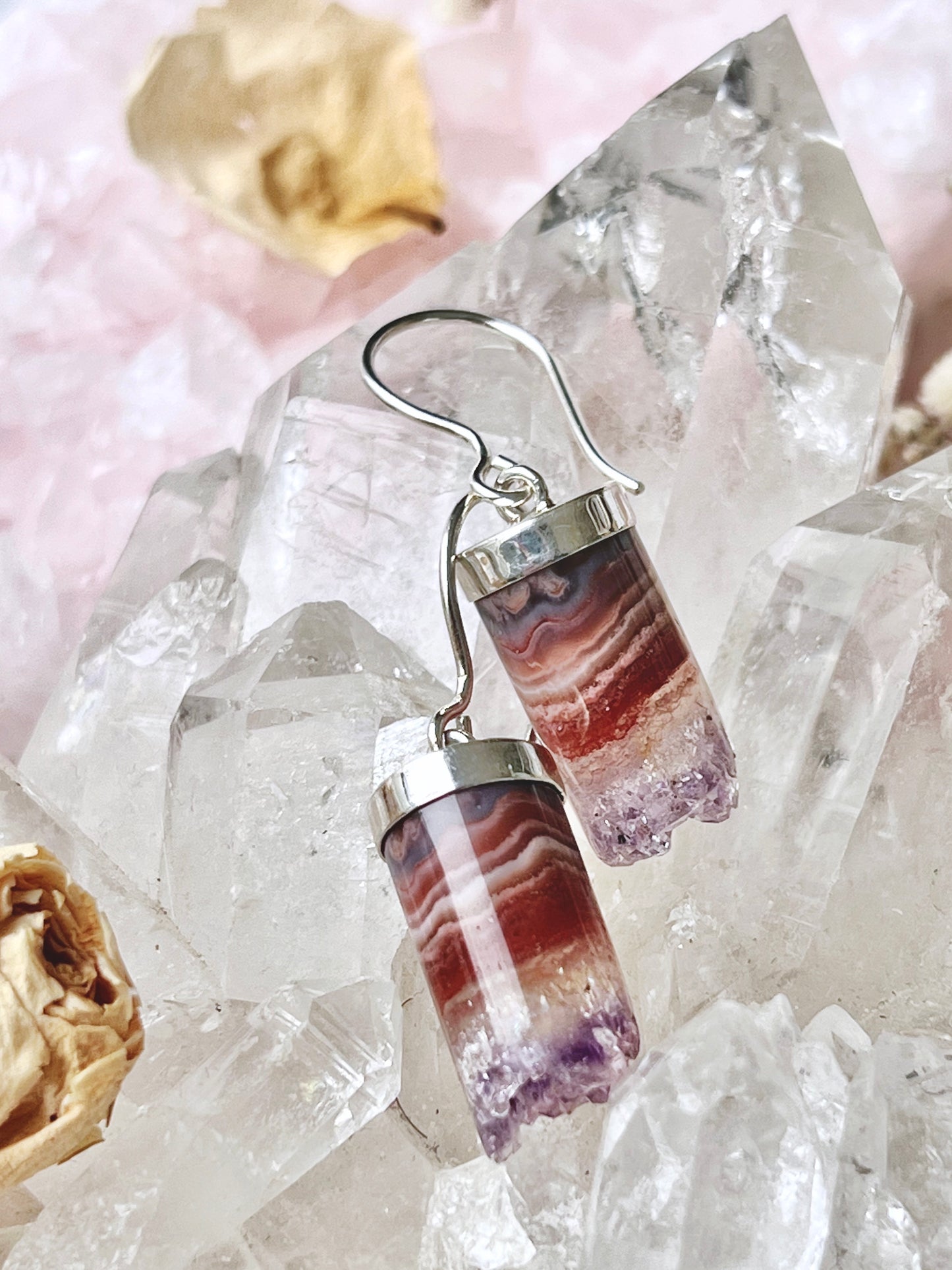 Candy Cane Amethyst & Red Agate Cylinder Cluster Earrings in Sterling Silver RAA2