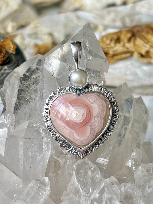 ’The Inner Bloom’ Rhodochrosite Heart & Pearl Talisman Pendent 925