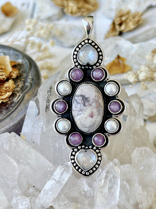 The Elysian Talisman: Whisper of Serenity’ Hyacinth Jasper, Moonstone, Ruby & Pearl Pendent
HJP3 925