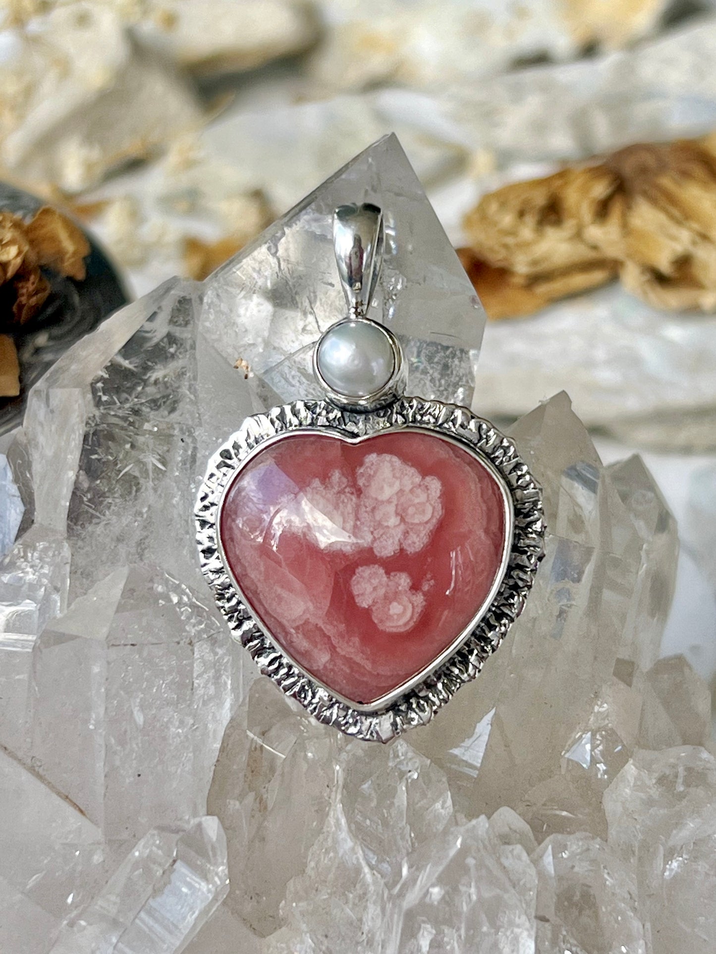 ‘Petals of Devotion’ Rhodochrosite Heart & Pearl Talisman Pendent 925