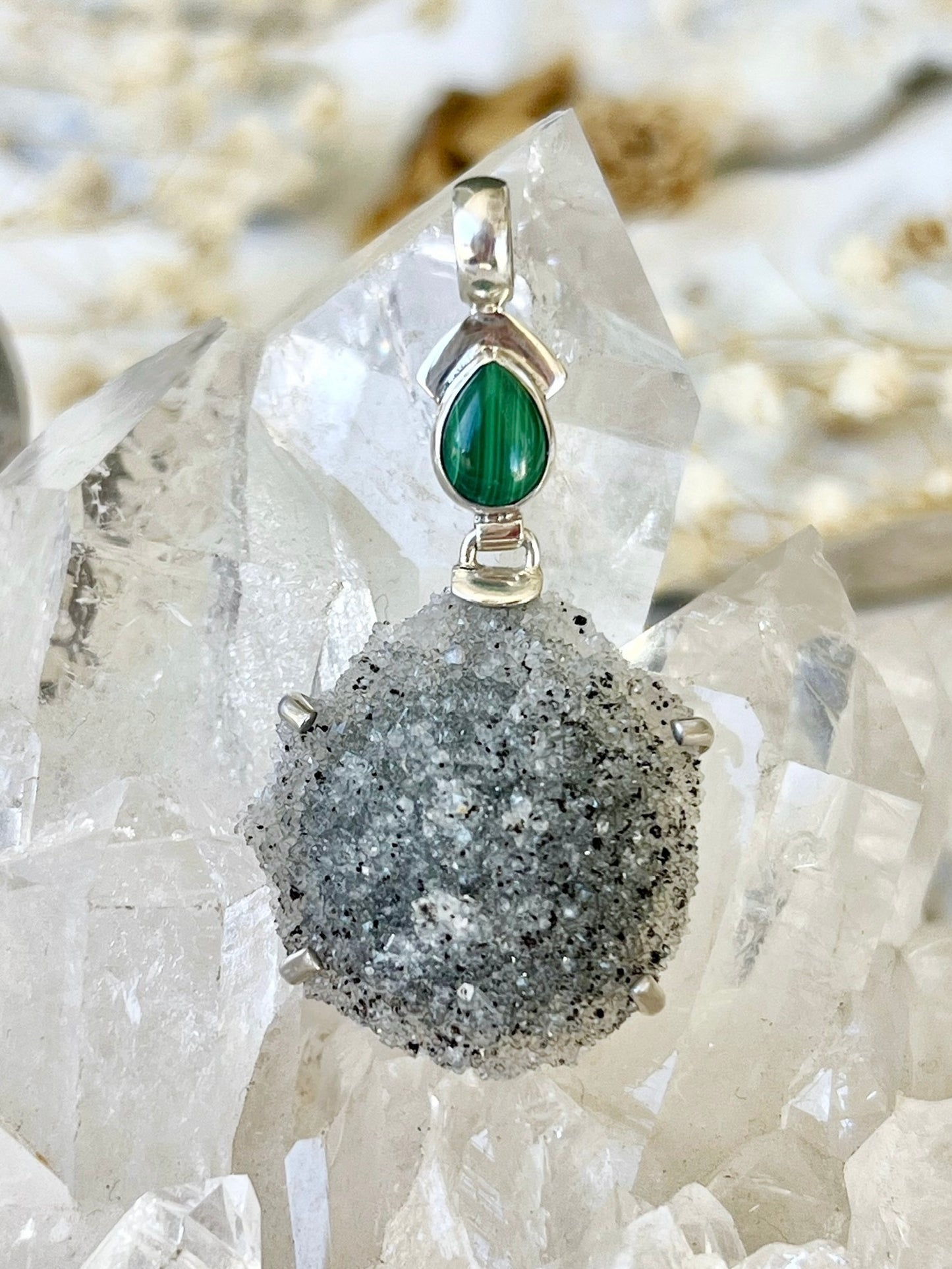 Druzy Agate & Malachite Teardrop Pendent 925 MD2