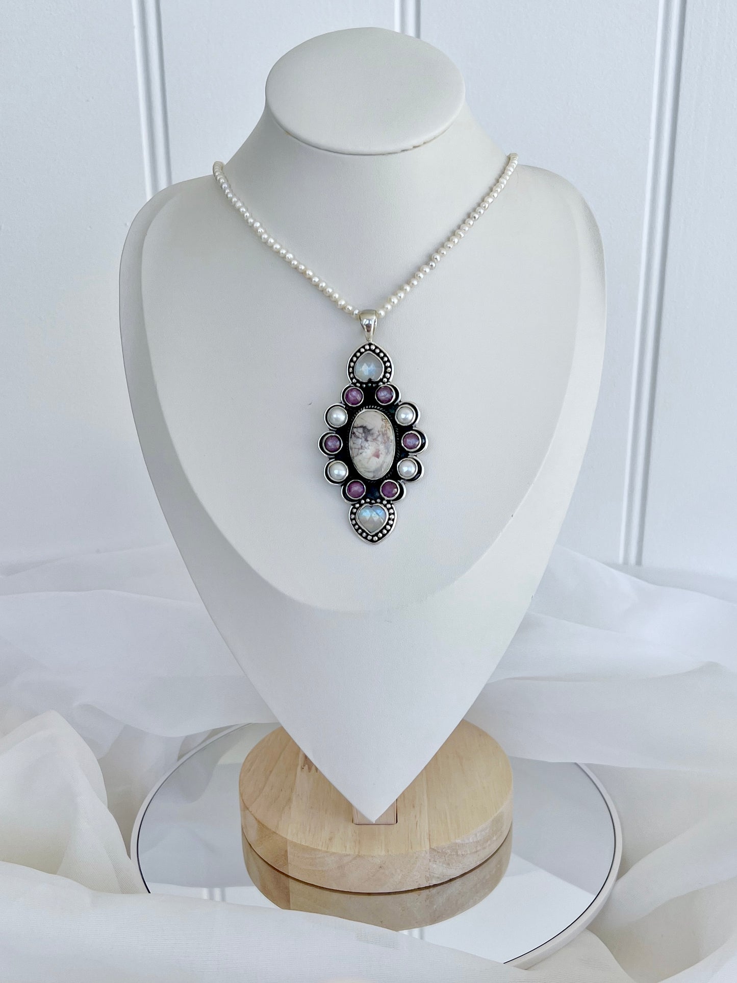 The Elysian Talisman: Whisper of Serenity’ Hyacinth Jasper, Moonstone, Ruby & Pearl Pendent
HJP3 925