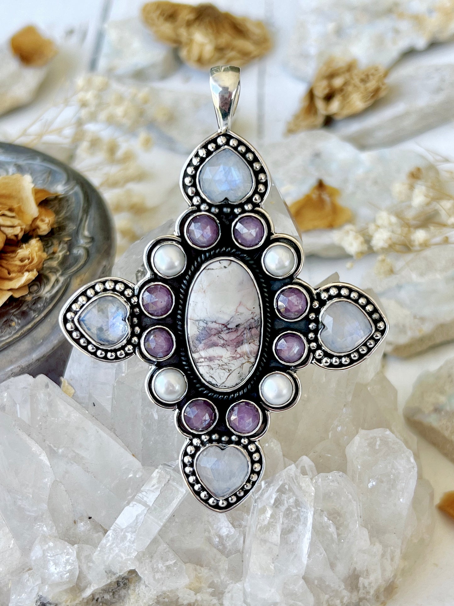 ‘The Elysian Cross: Whisper of Serenity’ Hyacinth Jasper, Moonstone, Ruby & Pearl Talisman Pendent HJP2 925