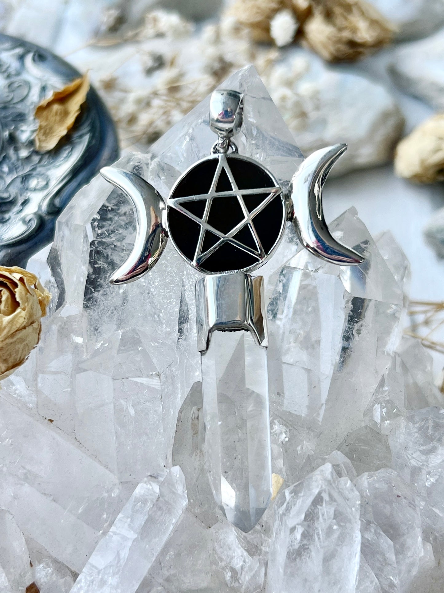 ‘Tabitha’ Black Onyx Triple Moon & Pentagram Clear Quartz Pendulum Pendant 925 QMP1