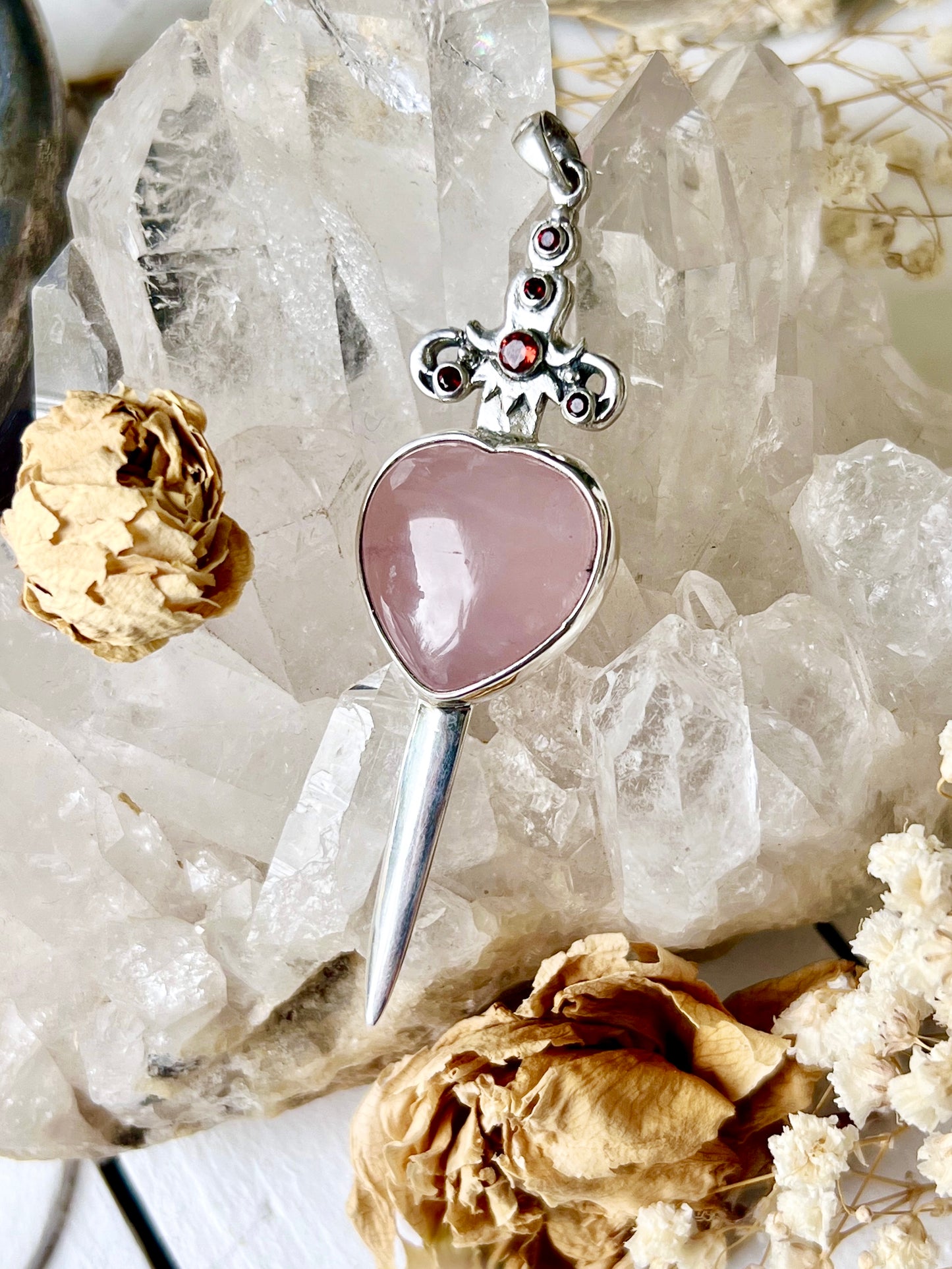 ‘Athena’ Rose Quartz & Garnet Sword & Heart SS Pendent