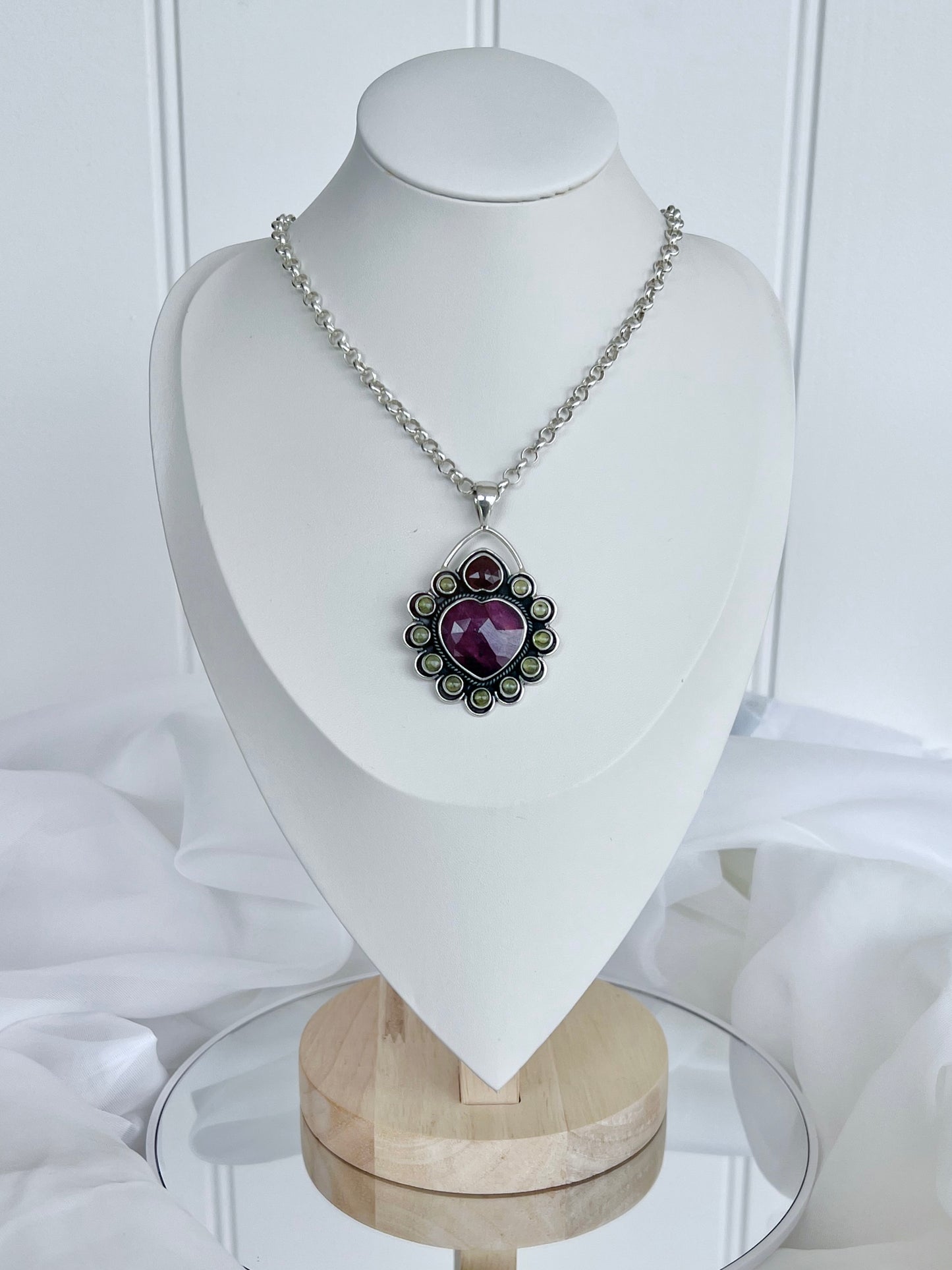 ‘Desiree’ Faceted Ruby, Rhodolite Garnet & Peridot Heart Talisman Pendent RGP1 925