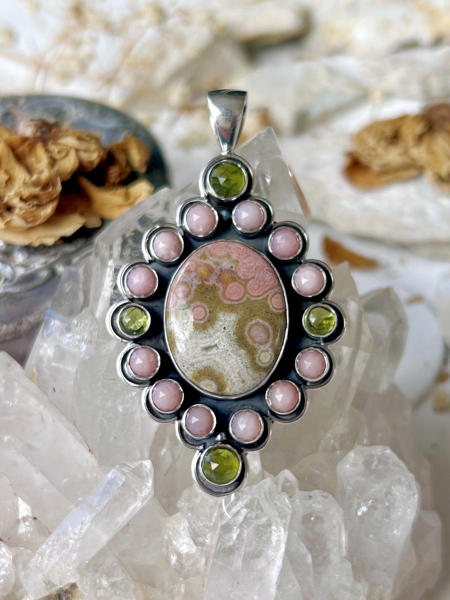 ‘Whispers of Peace’ Ocean Jasper, Peridot, Pink Opal & Vesuvianite Talisman Pendent 925